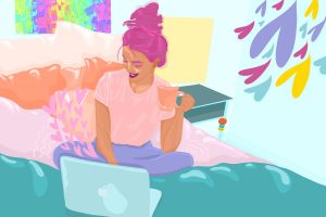 Illustration by Sarah Yu of a woman on her bed with a laptop