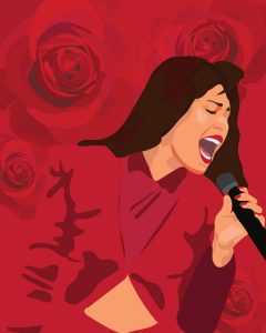 Illustration by Maya Vargas of Selena against a red background