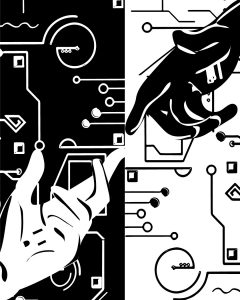 Illustration by Maya Vargas of two hands reaching toward each other in front of a computer chip