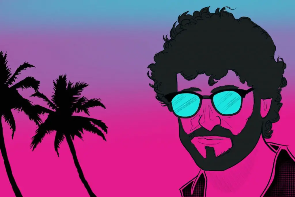 Dave Burd, better known as rapper Lil Dicky, against a sunset behind some palm trees
