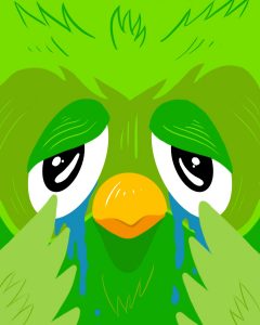 Illustration by Drew Parrott of the Duolingo owl crying