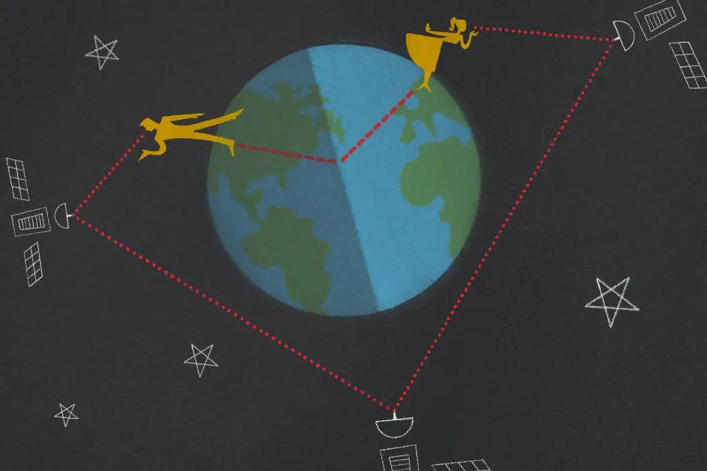 In an article about long-distance relationships, an illustration by Francesca Mahaney of two people on a globe, triangulated by a satellite in space