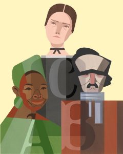 Illustration by Francesca Mahaney of busts of famous poets Maya Angelou, Emily Dickinson and Edgar Allan Poe