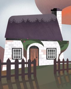 Illustration by Francesca Mahaney of a cottage behind a brown picket fence