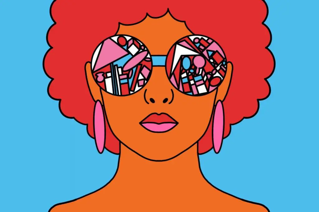 In an article about mental clutter, an illustration by Sarah Yu of a woman with sunglasses that look like a mosaic