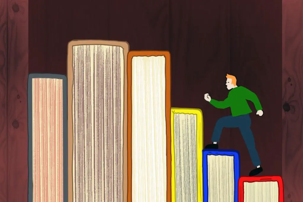 In an article about short stories, a person walking up a set of stairs made of books