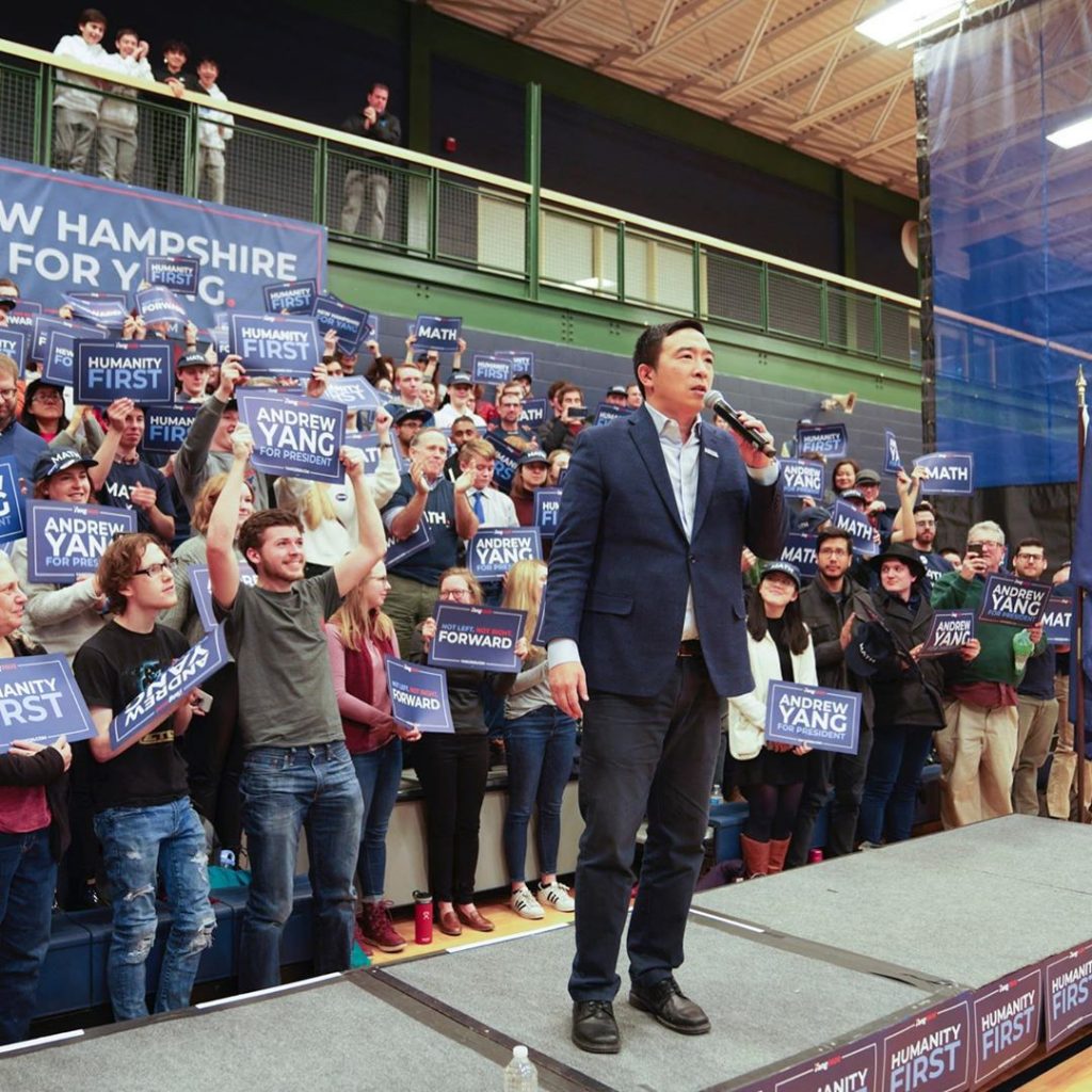 For an article about universal basic income (UBI), a photo of Andrew Yang at a campaign rally