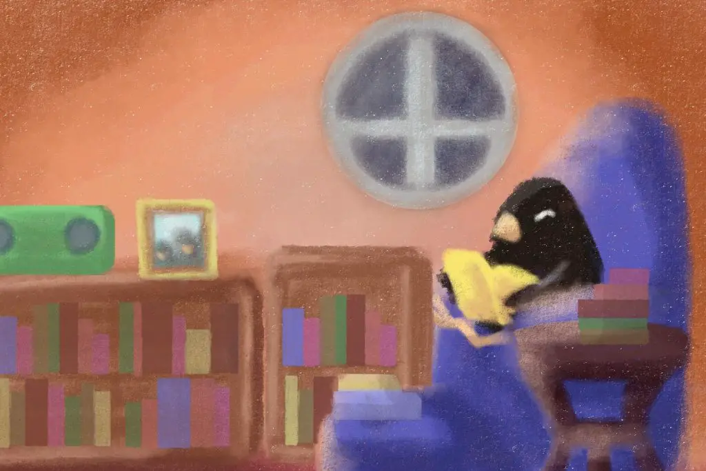 Illustration by Elizabeth Wong of a penguin rereading a book indoors