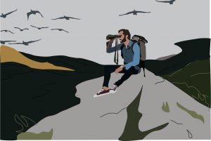 Illustration by Ellen Budell of an individual bird-watching on a hill