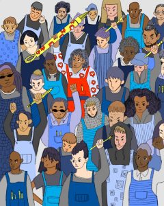 Illustration by Amy Young of a crowd of people, a few with pencils