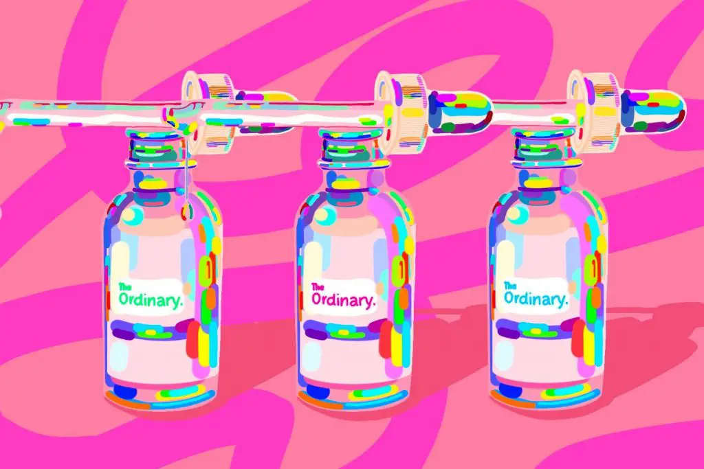 Illustration of three The Ordinary glass serum bottles.