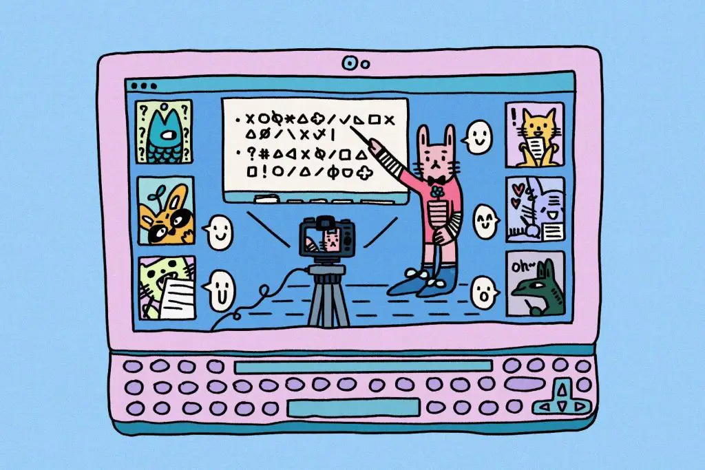 In an article about virtual tutoring, an illustration by Yao Jian of someone on a computer screen teaching