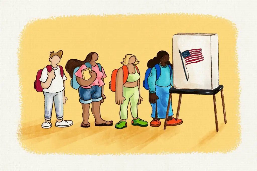 in an article about out-of-state students voting, four people lining up outside of a voting booth