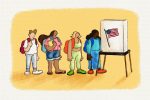 in an article about out-of-state students voting, four people lining up outside of a voting booth