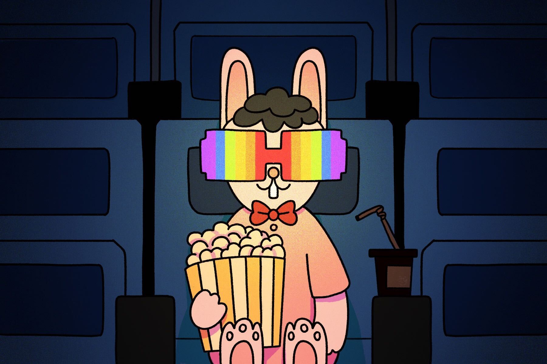 In an article about movies to watch for Pride Month, an illustration by Yao Jian of a rabbit with rainbow glasses in a movie theater with popcorn