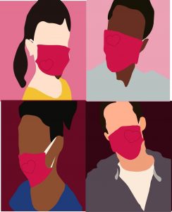 Illustration by Ellen Budell of four people wearing face masks