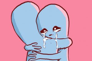Two blue aliens from "Strange Planet" tearfully hugging.