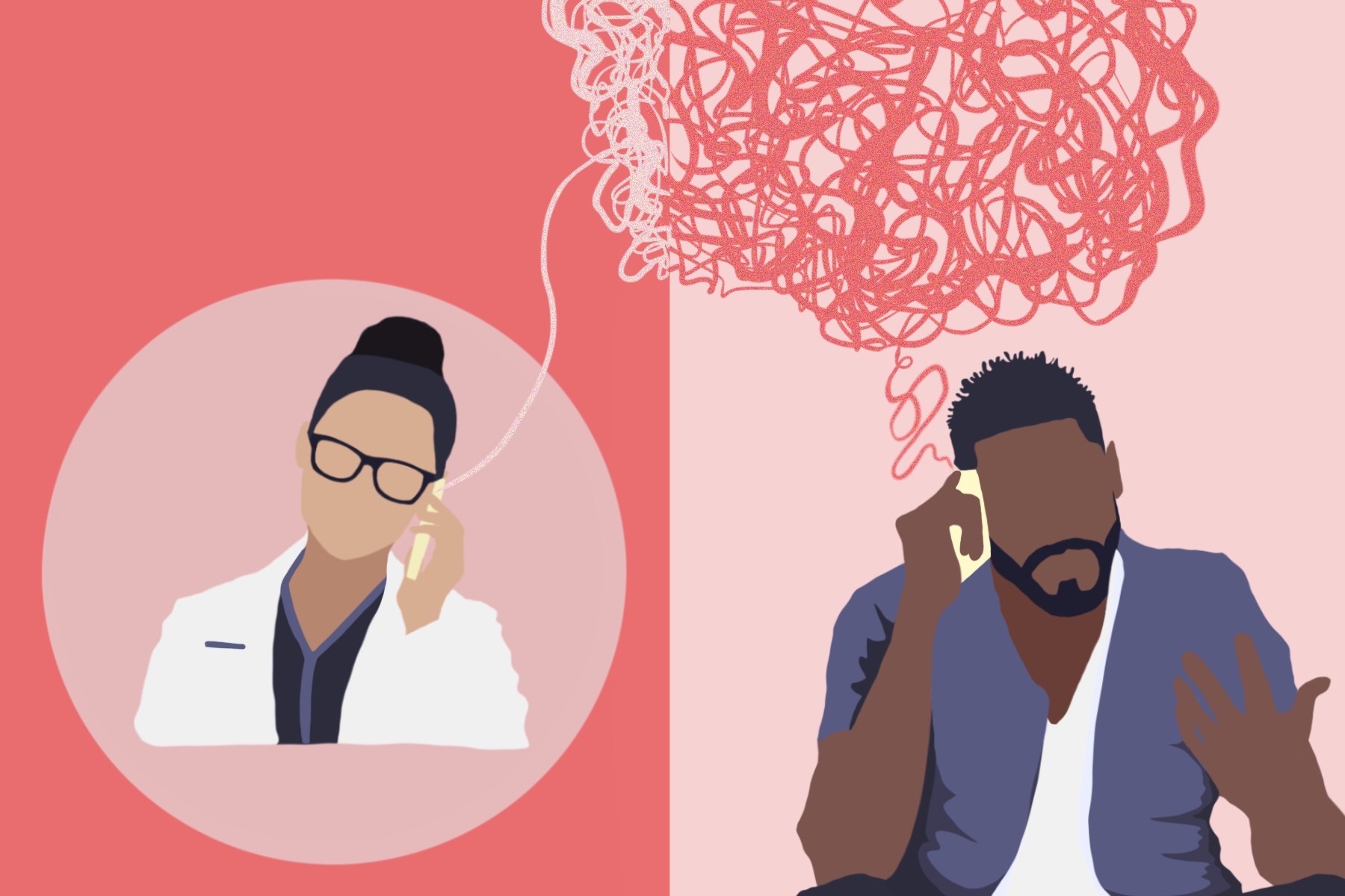 In an article about the app Ray, an illustration by Shelly Freund of two people on the phone