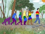 'Visible: Out on Television' illustrated by the evolution of humans from apes to a member of the LGBTQ community
