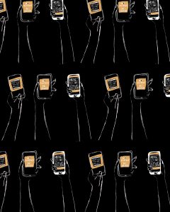 Illustration by Malini Basu of people on phones, posting on social media