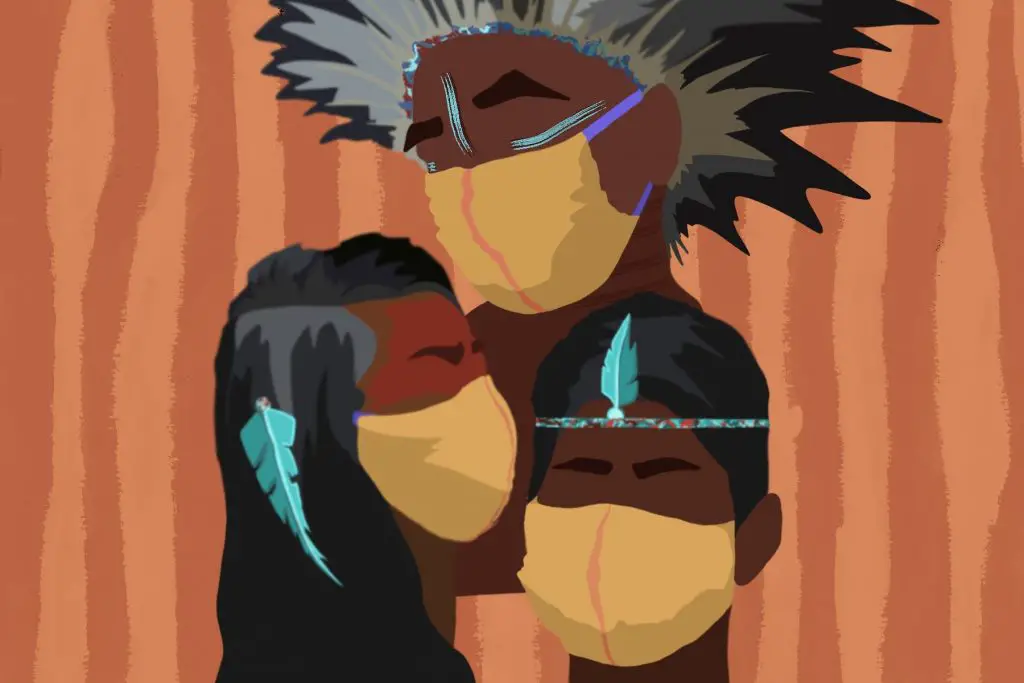 An illustration of three Indigenous people wearing medical masks and traditional headgear