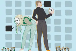 In an article about performative activism, an illustration of a man and a woman with masks and blacked-out speech bubbles
