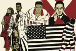 In a list of films addressing systemic racism, an illustration of famous Black historical figures behind an American flag and a man in a prison jumpsuit