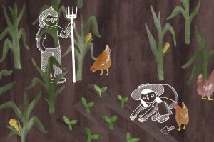 In an article about WWOOF, an illustration of two people tending to a field of crops with chickens