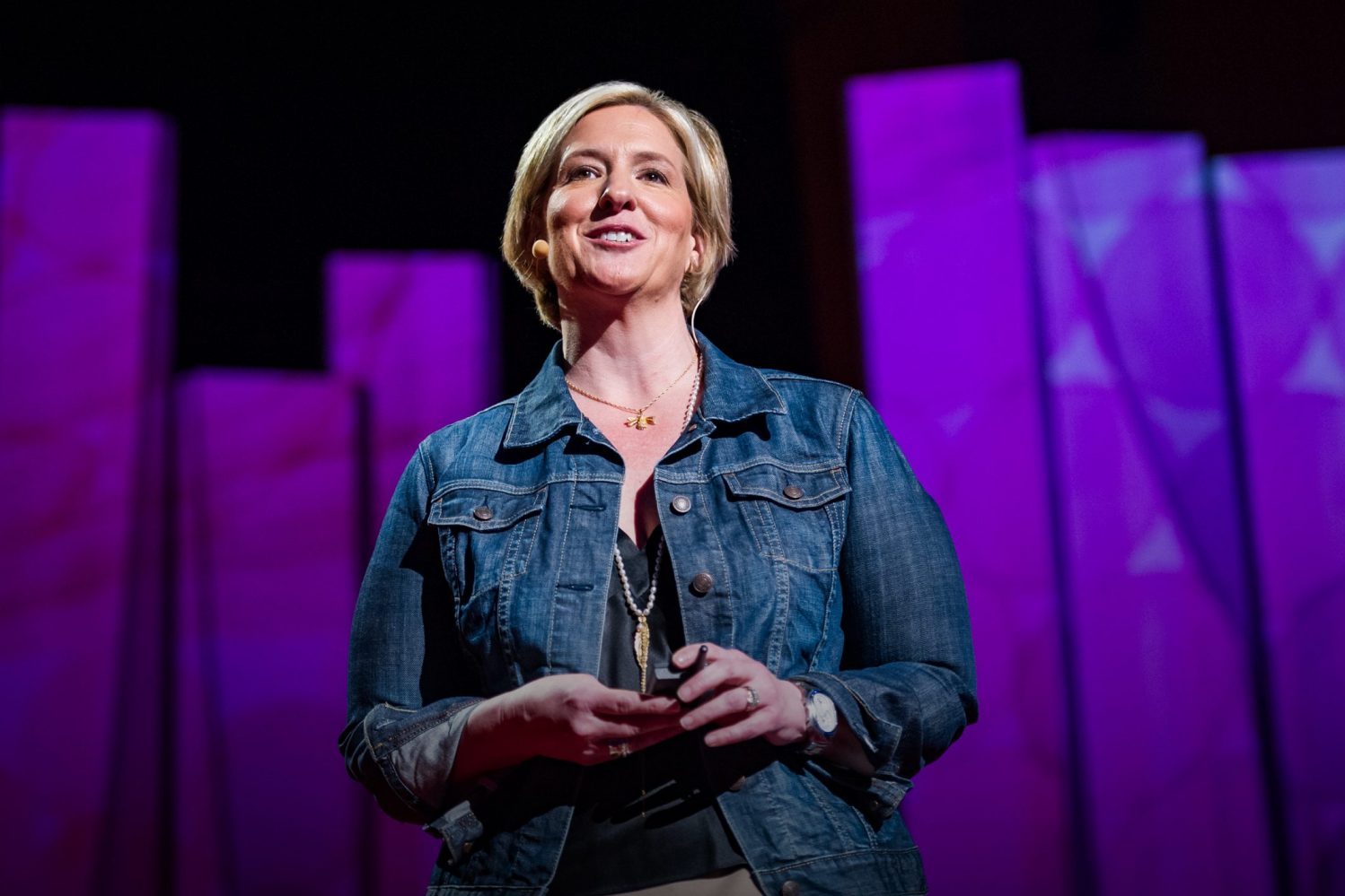 Brené Brown, host of the podcast "Unlocking Us," speaking at a TED Talk