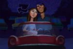Illustration of couple sitting in their car at a drive-in theatre