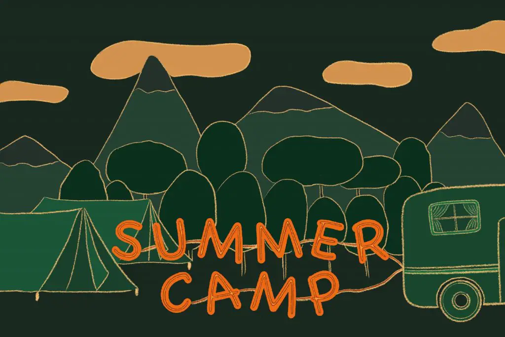 Illustration of green mountains and trees as seen at a sleepaway camp, with summer camp in orange text