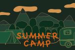 Illustration of green mountains and trees as seen at a sleepaway camp, with summer camp in orange text