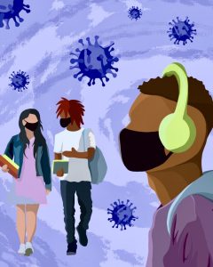 Illustration by Shelly Freund of three students with large COVID-19 viruses floating around the area