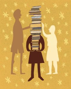 Illustration by Amy Young of a person with a large stack of books