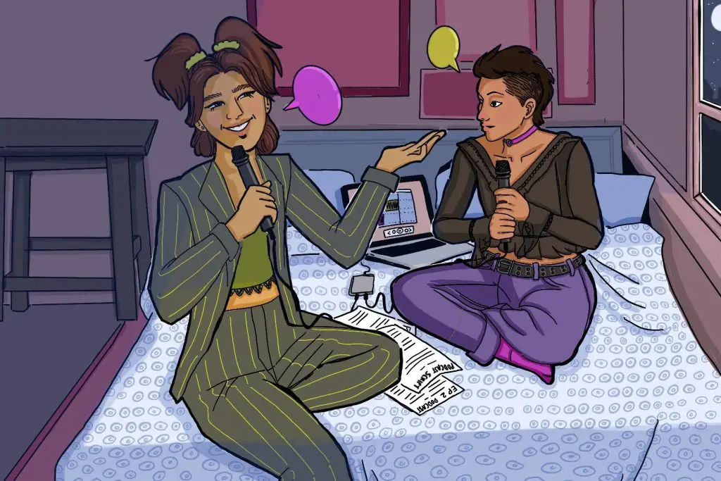 Illustration of two women speaking in a podcast from their home