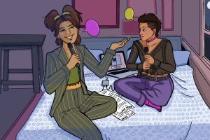 Illustration of two women speaking in a podcast from their home