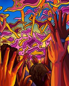 Illustration by Sydney Sabbota of hands in the sky against a sky with psychedelic sky