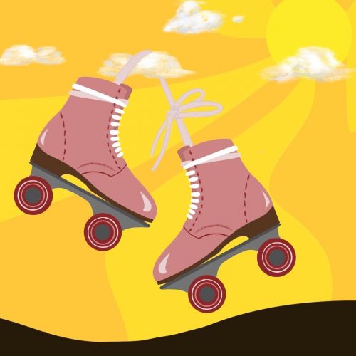 Illustration by Ash Ramirez of two roller-skates suspended in the sky