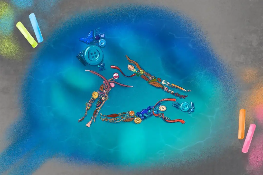 dolls made of unorthodox materials float in a blue pool of water; unorthodox art mediums