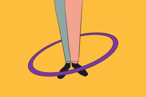 An intersex person standing in a purple circle.