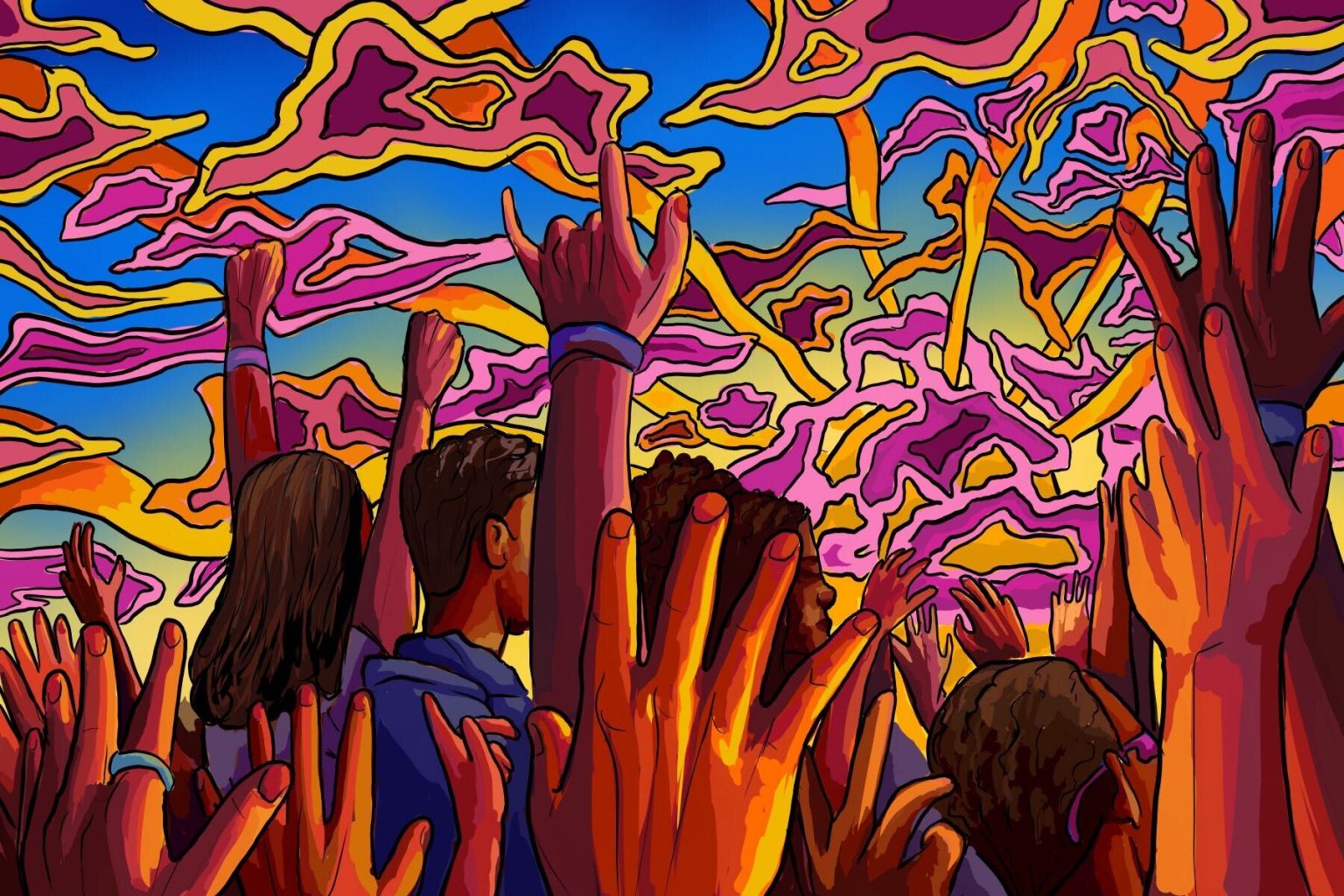 Illustration of people experiencing psychedelic drugs.