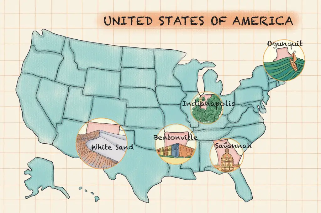 Illustration by June Le, Minneapolis College of Art and Design of travel destinations across the United States