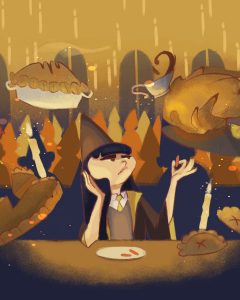 Illustration by Veronica Chen of a vegan wizard at Hogwarts