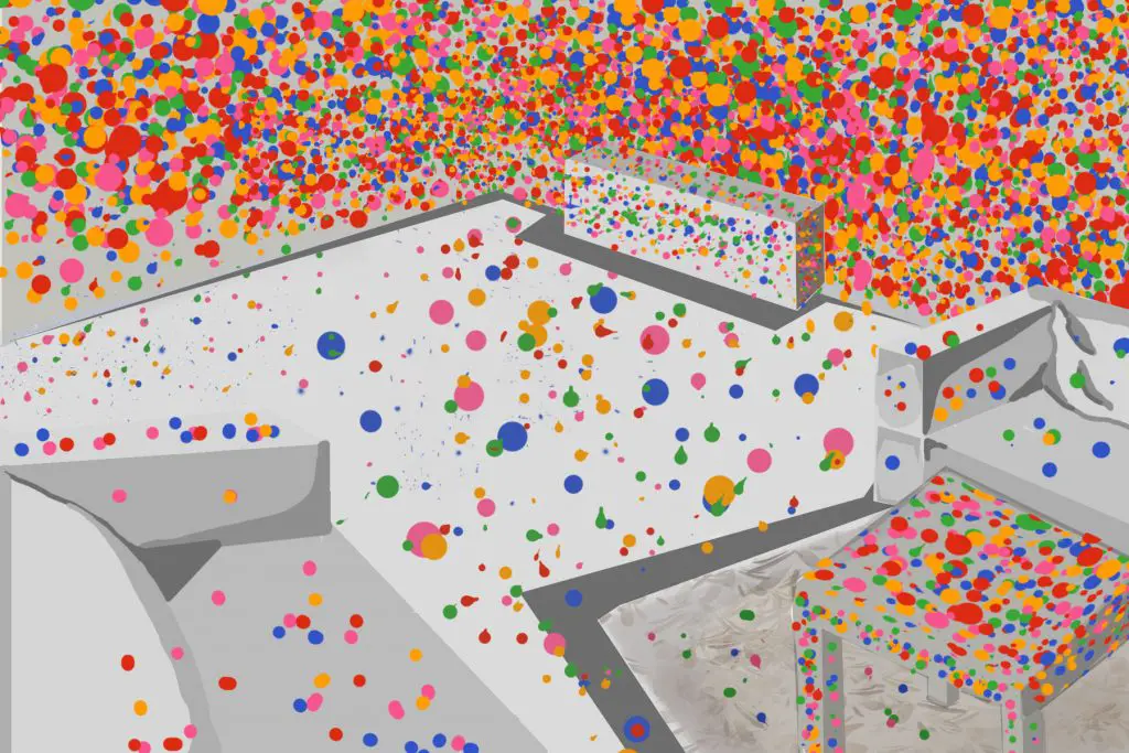 An artistic depiction of Kusama's 3D artwork of a room covered in polka dots.