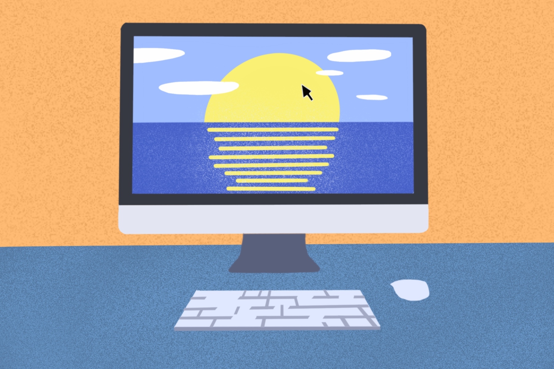 In an article about digital minimalism, an illustration of a computer displaying a sunset over water