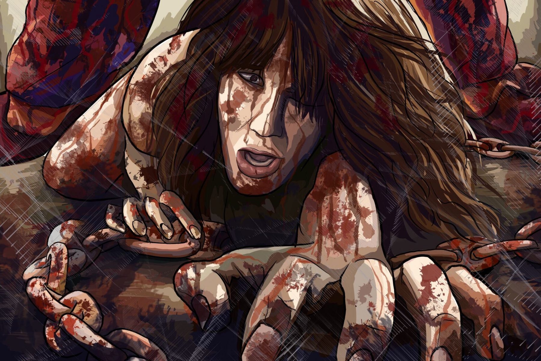 In an article about feminist horror films, an illustration of a bloody woman crawling on the ground