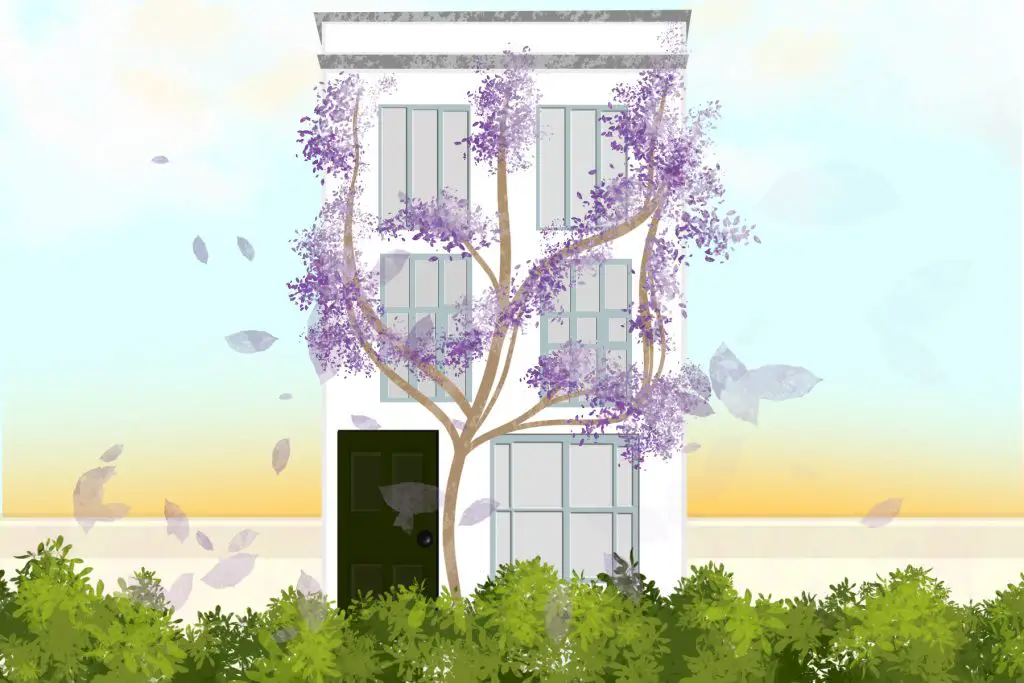 Illustration of a house behind bushes and a tree, by Sezi Kaya in article about memoir "In the Dream House"