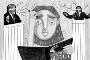 In an article about political language and the confusion it can cause, an illustration by Sid Estelle of a student looking confused at a history textbook as Joe Biden and Donald Trump debate behind them