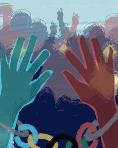 Illustration by Elizabeth Wong of hands chained by the Olympics logo
