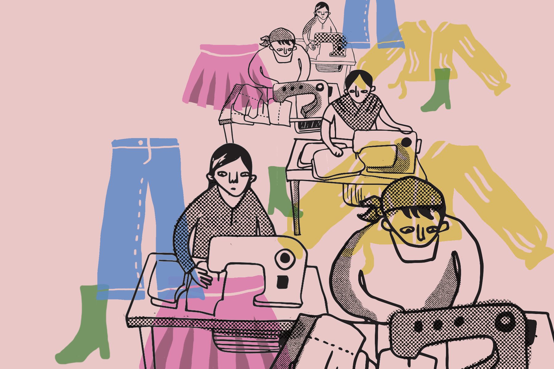 In an article about fast fashion company Shein, an illustration of factory workers sewing clothes